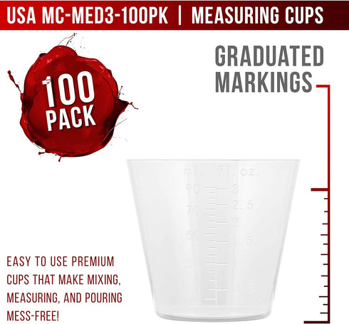 Pouring Masters 3 Oz (90 ml) (100 Pack) 25 Liquid Measuring Cups - Plastic Graduated Cup with Sticks - Reusable Mixing