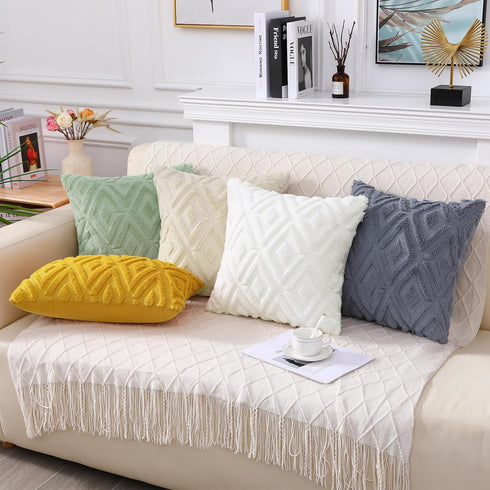 Set of 2 Soft Faux Fur Throw Pillow Covers 18x18 - Cream White Plush Short Wool Velvet Decorative Couch Covers