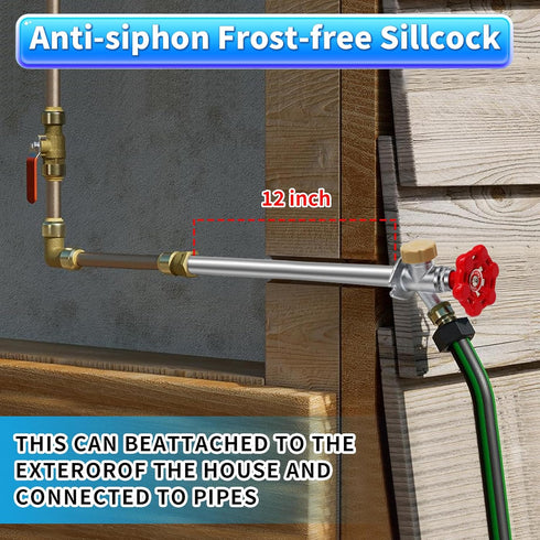 12inch 1/2'' 3/4'' Boltigen Freeze Proof Outdoor Water Faucet, No Lead Brass Anti-Siphon Frost Free Sillcock, Pex