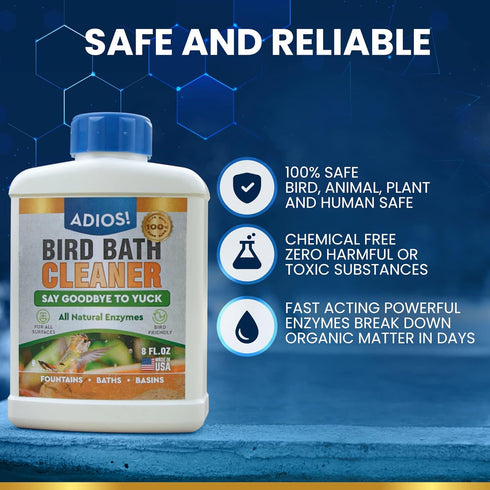 (32oz) ADIOS! Bird Bath Cleaner for Outdoor Fountains and Bowls, Safely Cleans Metal, Glass and Stone