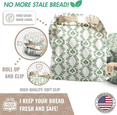 Cozy Set Bread Reusable Bread Bag for Home Bakers | USA Brand | Charming Bread Designs (Green Ornamental)