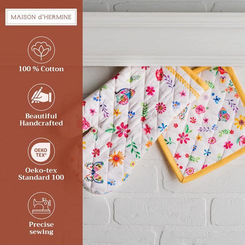 Maison d' Hermine 100% Cotton Oven Mitt & Pot Holder Set, Heat Resistant BBQ Cooking Gloves, Happy Florals