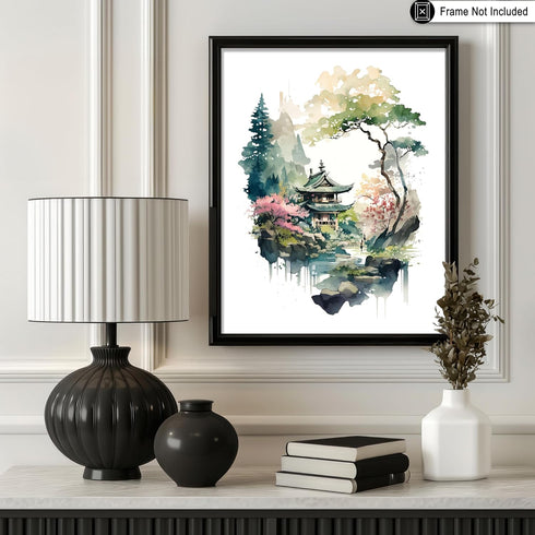 Japanese House Poster - Poster Master - Watercolor Art - Japanese Lakehouse Print - 8x10 UNFRAMED Wall Art