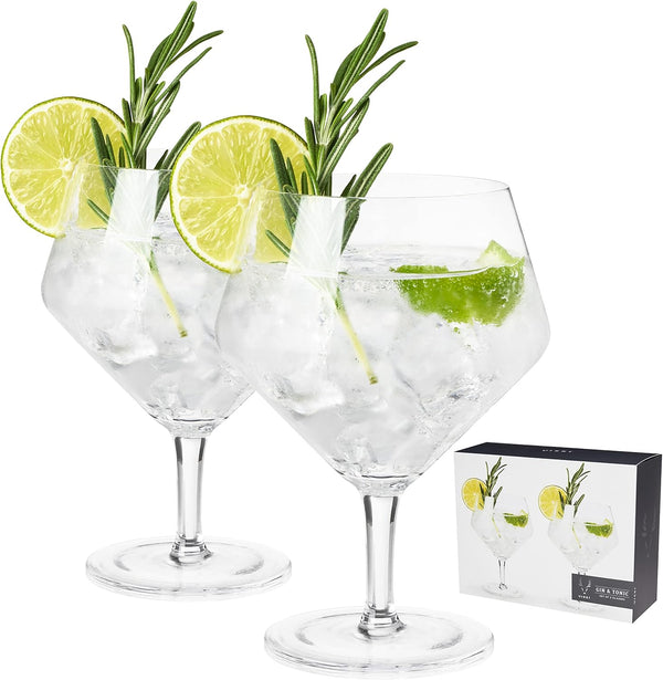 Viski Raye Angled Stemmed Gin and Tonic Glasses, Set of 2, Premium Crystal Clear Cocktail Gin Glasses for Gin Lovers