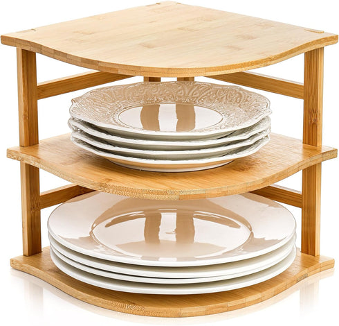 Goaste 3-Tier Bamboo Corner Shelf, Kitchen Countertop Storage Organizer, Cabinet Plate Rack