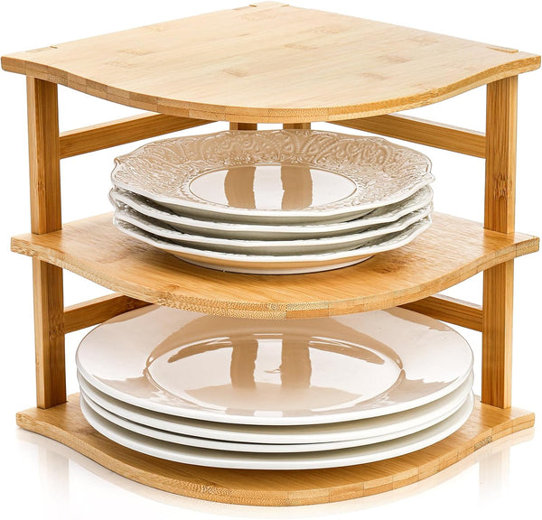 Goaste 3-Tier Bamboo Corner Shelf, Kitchen Countertop Storage Organizer, Cabinet Plate Rack