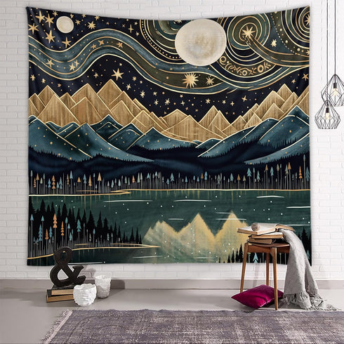 Tapzen Mountain Forest Tapestry (60x40 inches, Boho, Landscape, Polyester, Green-Blue, Unframed, Wall Mount) - Nature Wall Art for Bedroom Decor