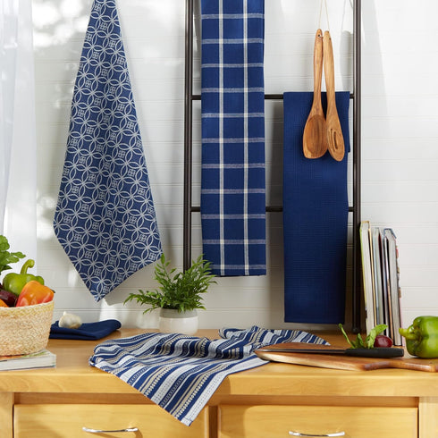 DII Assorted Woven Kitchen Set, 5 Piece, Nautical Blue, Dishtowel 18x28, Dishcloth 13x13