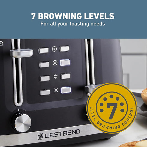 West Bend 4 Slice Toaster - Extra-Wide and Deep Slots with 3 Functions, 7 Shade Settings, Black