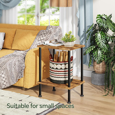 2 Simple Trending Side Table, Small End Table Living Room, Nightstand with Tier Storage Shelves, Rustic Brown