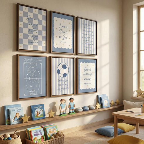 WWSGSG 6pcs Blue Bible Verse Canvas Wall Art Christian Baby Education Posters Prints Paintings Children'S Bible
