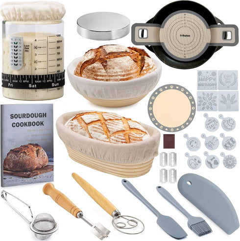 Friheten Sourdough Starter Kit,Sourdough Bread Baking Supplies,40oz Sourdough Starter Jar,Banneton Bread Proofing