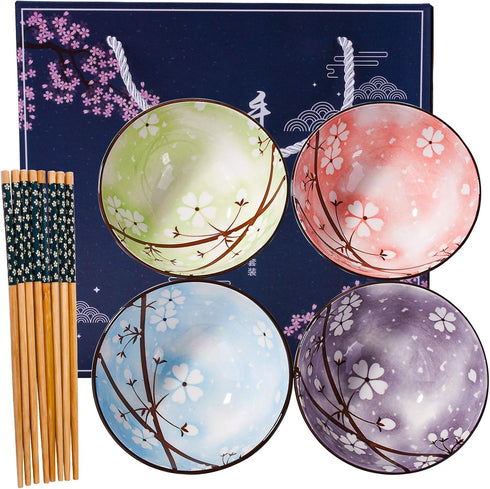 Ceramic Snack Bowl Set of 4 with Chopsticks, Cereal, Rice, Soups, Four Colors: Green, Blue, Pink, Purple, Beautiful Box