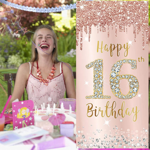 16th Birthday Door Banner Decorations for Girls, Pink Rose Gold Sweet 16 Birthday Cover Backdrop Party Supplies