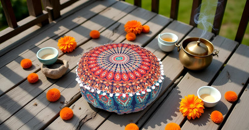18" CRAFT KALA Large Hippie Mandala Meditation Floor Ottoman Pillow Cushion Pouf Cover Square Poufs Bohemian Circle