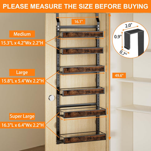 6 2 1 Tier Over The Door Pantry Orangizer IN Wall Mounted or Hanging Spice Rack with Adjustable Wood Basket,Heavy Duty