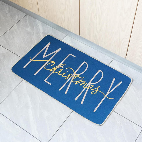 ONWAY Merry Christmas Doormat 17.5 x 29 Inch Blue Gold Low-Profile Indoor/Outdoor Seasonal Floor Rug