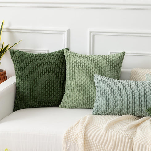 Kevin Textile Throw Pillow Covers, Set of 2 Soft Corduroy Decorative Boho Striped Pillowcases, 24x24 Inch Moss Green