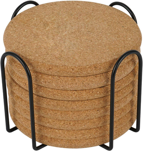 8 Pcs Thicker Cork Drink Coasters with Holder, Absorbent for Coffee Table, Wooden Coaster Set