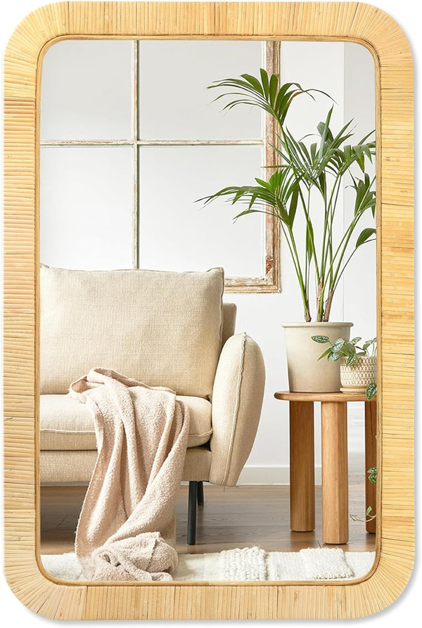 PERFNIQUE Rattan Mirror, 30'' x 20" Rectangle Boho Bathroom Mirror, Decorative Wall
