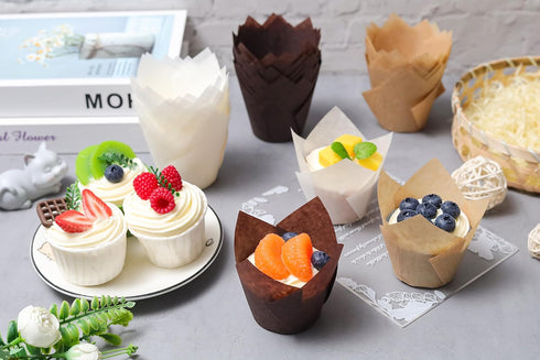 200PCS Tulip Cupcake Liners, Parchment Baking Cups for Muffin Wrappers, Perfect for Parties and Catering (3 Colors).