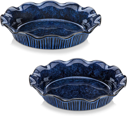 vancasso Stern Ceramic Pie Pan, 9 inch Ruffled Edge, Set of 2, Blue, Deep Baking Dishes