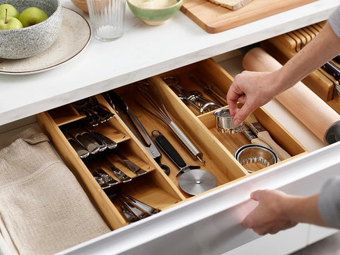 Joseph Joseph DrawerStore Compact Utensil Organizer for Kitchen Drawer, Silverware Flatware Tray, Large, Bamboo