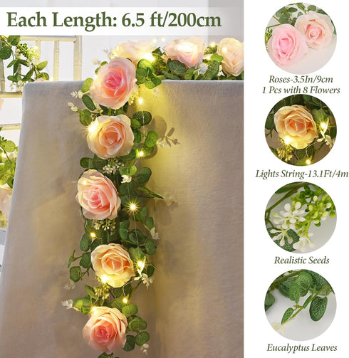 2Pcs 8 Dolicer Artificial Eucalyptus Garlands with Flowers - Roses, Faux Floral Greenery Garlands Fake Flower Vines