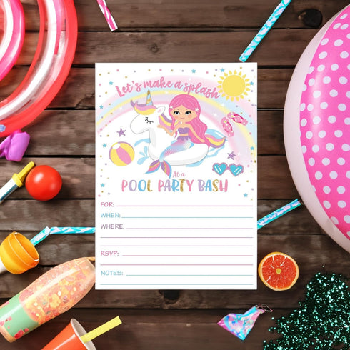 Your Main Event Prints Mermaid Unicorn Pool Party Birthday Invitations - 20 Fill-In Invites for Summer Pool Party Bash
