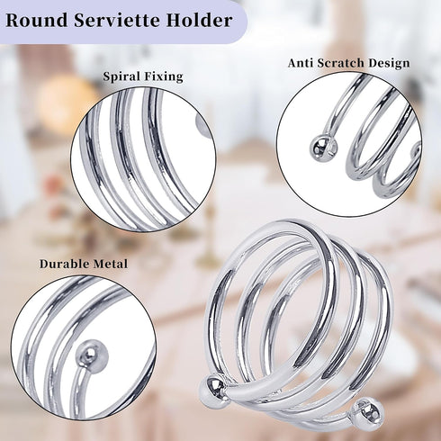 Metal Spiral Napkin Rings, Round Serviette Holder Buckles for Dinner, Holiday Parties, Set of 6 (Silver)