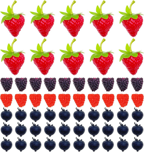 Woohome 60 PCS Fake Fruit Fake Blueberries Fake Strawberries Simulation Fake Strawberry