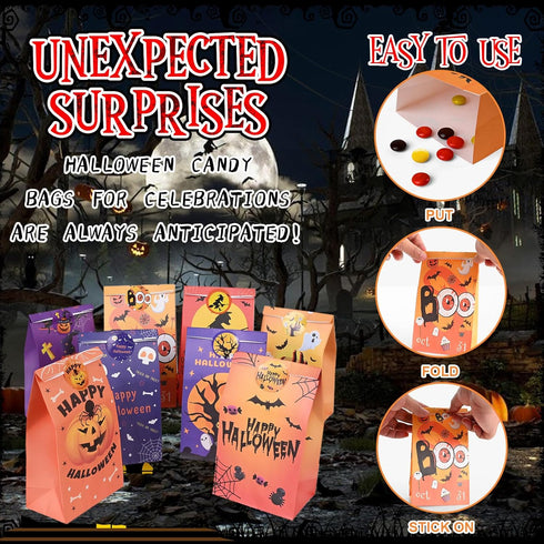 Halloween Treat Bags, 24pcs Paper Treat Bags with Stickers, Perfect for Party Favors and Halloween Gifts
