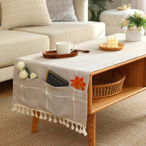 20x64 Inch SIELUNO Rustic Farmhouse Rectangle Coffee Table Cover - Cotton Linen Waterproof Cloth With Pockets