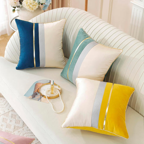 TAOSON Pack 2, Home,12 20 inch of Gray Beige Patchwork Velvet Throw Pillow Cover with Gold Striped Leather Cushion Case