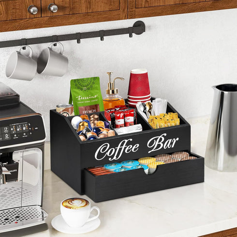Coffee Bar Organizer Countertop, Wooden Accessories with Drawer, Coffee Station Organizer for Coffee Pods Holder