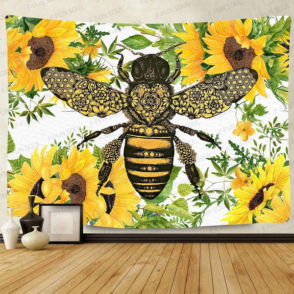 F-FUN SOUL Hippie Bee Tapestry, Large 80x60in Soft Flannel Sunflower Watercolor Art Wall Hanging