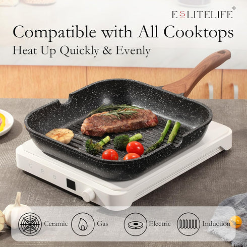 ESLITE LIFE 9.5 Inch Nonstick Grill Pan for Indoor Cooking, Versatile Induction Square Skillet
