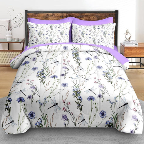 Set 5 Sets Pamnest Comforter Twin Size, Botanical Flower Dragonfly Pcs Bedding for Kids and Adults, Herb Plant