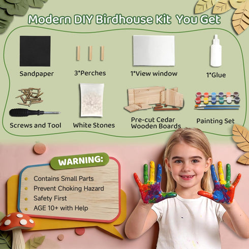 Pontuss Set, Modern Birdhouse Woodworking Kit, Natural Cedar Wooden Birdhouses for Outdoors with Paint Creative DIY