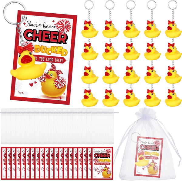 Cheer Gifts Bulk Duck Keychain, You've Been Cheer Ducked Tags with Bows and Organza Bags for Cheerleader Team Gift