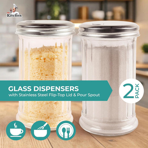 Mr. Kitchen 2 Pack Countertop Salt Sugar Shaker dispenser - Powder Sugar Dispenser Canisters - Glass Sugar Container