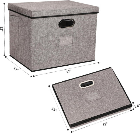 2-Pack Collapsible Storage Bins with Lids, Foldable Fabric Linen Storage Boxes Cube, Gray Closet Organizer (17 x 13 x