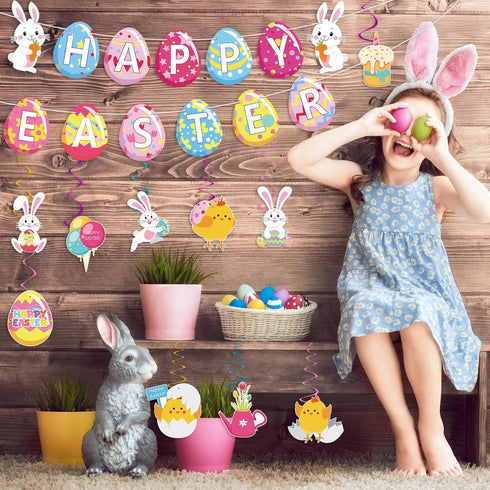 Easter Hanging Swirls Decorations for Home Office School, Happy Easter Banner with Egg Bunny Foil Swirl Ceiling Decor