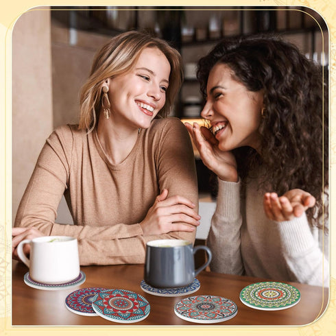 8 Set 4 Inch Patelai Pcs Boho Ceramic Coasters with Holder Mandala Round Absorbent Drink Coasters for Coffee Table