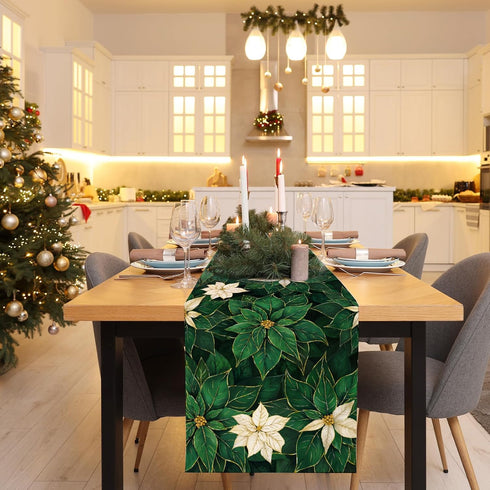 Poinsettia 13x72 Inch Green Table Runner Winter Floral Burlap Table Runners, Spring St Patricks Day Seasonal Coffee