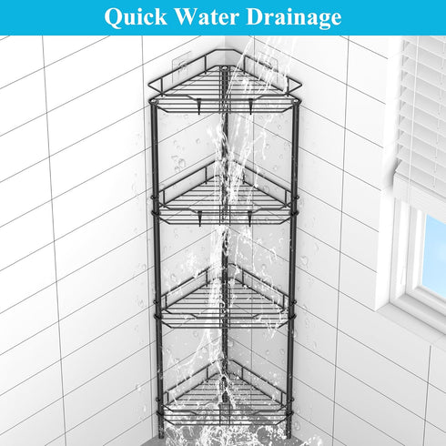HuggieGems 4-Tier Corner Shower Caddy Organizer with Hooks - Black Bathroom Shelf Stand