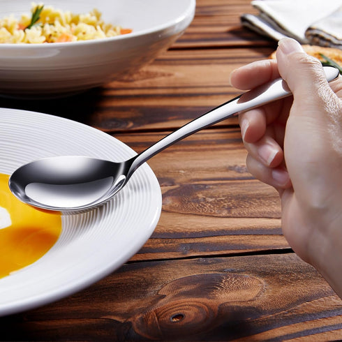 KEAWELL Premium 7.3 Inches Soup Spoons Set of 4, 18/10 Stainless Steel, Deep Bowl for Ramen, Pho, Miso (Round-Handle)