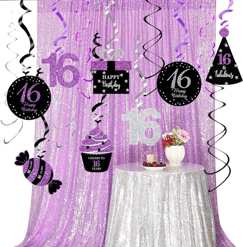 Sweet 16 Birthday Decorations Purple Silver Black, 16th Birthday Party Decor with Foil Hanging Swirls for Women/Girls