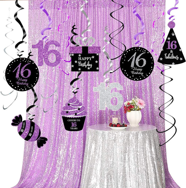 Sweet 16 Birthday Decorations Purple Silver Black, 16th Birthday Party Decor with Foil Hanging Swirls for Women/Girls