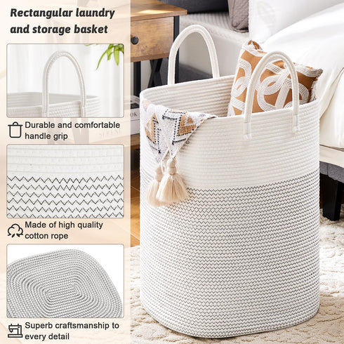 Laundry Basket, Woven Cotton Rope Hamper, 60L Versatile Storage for Dirty Clothes, Baby Toys, Blankets in Living Room